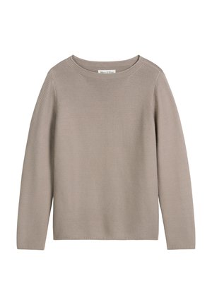 Hellbrauner gestrickter Pullover mit Rundhalsausschnitt, langen Ärmeln und geripptem Saum. Verfügt über ein strukturiertes Muster und subtile Stickdetails.