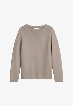 Pull en tricot marron clair avec un col rond, des manches allongées et un ourlet côtelé. Présente un motif texturé et des détails de couture subtils.