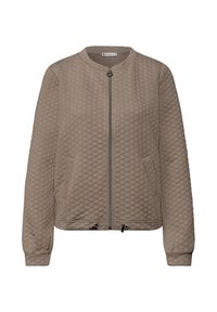 Gesteppte Bomberjacke in Taupe mit rundem Ausschnitt, Frontreißverschluss und Seitentaschen. Elastische Bündchen und Bund sorgen für eine figurbetonte Passform.