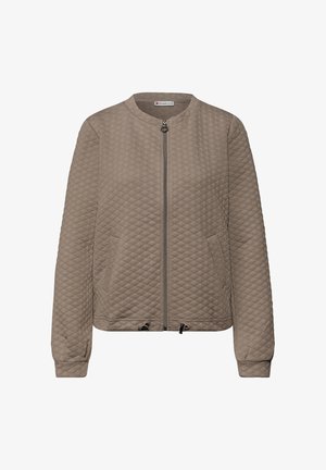 Gesteppte Bomberjacke in Taupe mit rundem Ausschnitt, Frontreißverschluss und Seitentaschen. Elastische Bündchen und Bund sorgen für eine figurbetonte Passform.
