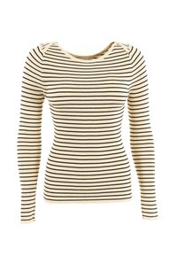 Top a maniche lunghe a coste in crema con strisce orizzontali nere, caratterizzato da un ampio scollo rotondo e una silhouette aderente.