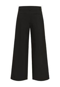 Pantalon noir à jambes larges avec passants pour ceinture et deux poches fendues à l'arrière, présenté sur un fond blanc.