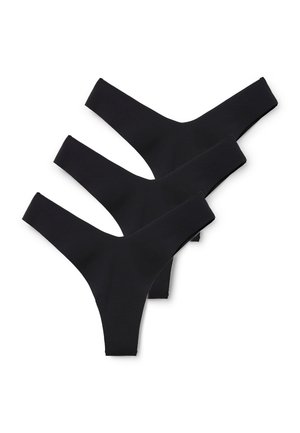 Trzy czarne bezszwowe figi typu string ułożone jedna na drugiej i pokazane na białym tle.