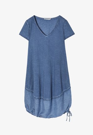 Vestido de algodón azul con escote en V, mangas cortas y dobladillo gathered con cuerda ajustable, que presenta una sección inferior de un azul más claro.