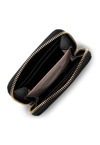 Portafoglio in pelle nera con zip dorata. L'interno presenta diversi slot per carte e un vano centrale in un tessuto più chiaro.