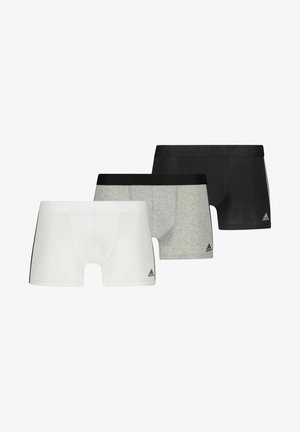 Pack de calzoncillos boxer para hombre en blanco, gris y negro. Cada par tiene un ajuste ceñido, cinturilla elástica y presenta el logo de Adidas en el dobladillo.