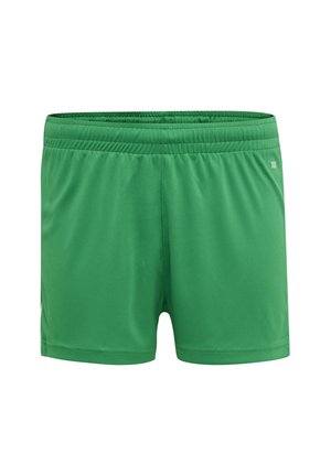 Eenvoudige groene sportshorts met elastische tailleband en klein wit logo aan de rechterkant tegen een witte achtergrond.