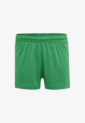 Eenvoudige groene sportshorts met elastische tailleband en klein wit logo aan de rechterkant tegen een witte achtergrond.