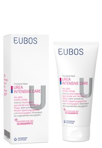 EUBOS Urea Intensive Care lotion in a white tube with blue accents. The packaging features pink text highlighting benefits and ingredients.