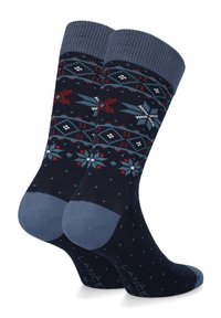Granatowe skarpetki z wzorem, zawierającym czerwone i niebieskie akcenty, płatki śniegu oraz geometryczne kształty. Żebrowane mankiety i wzmocniony obszar palców.