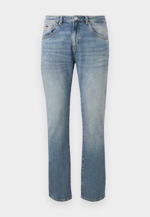 Pánske modré rifle s rovnými nohavicami, vybledlým efektom, piatimi vreckami, zapínaním na gombíky a pútkami na opasok.