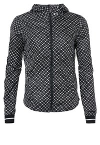 Black zip-up hooded jacket with white diamond grid pattern, reflective strips on cuffs, and Under Armour logo on the chest.