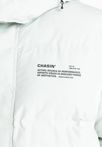 Giacca puffy grigia chiara con una texture liscia. Presenta un logo sulla parte anteriore, un cordino regolabile e pannelli cuciti per l'isolamento.
