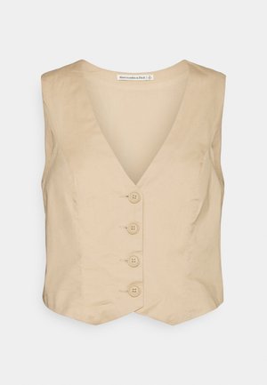 Chaleco sin mangas beige con escote en V y cuatro botones frontales, ajuste entallado, fabricado por Abercrombie & Fitch.