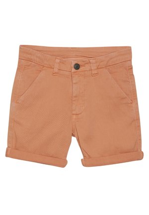 Lyse orange afslappede shorts med opsmøgede kanter, lukkes foran med knapper, bæltestropper og to skrå forlommer.