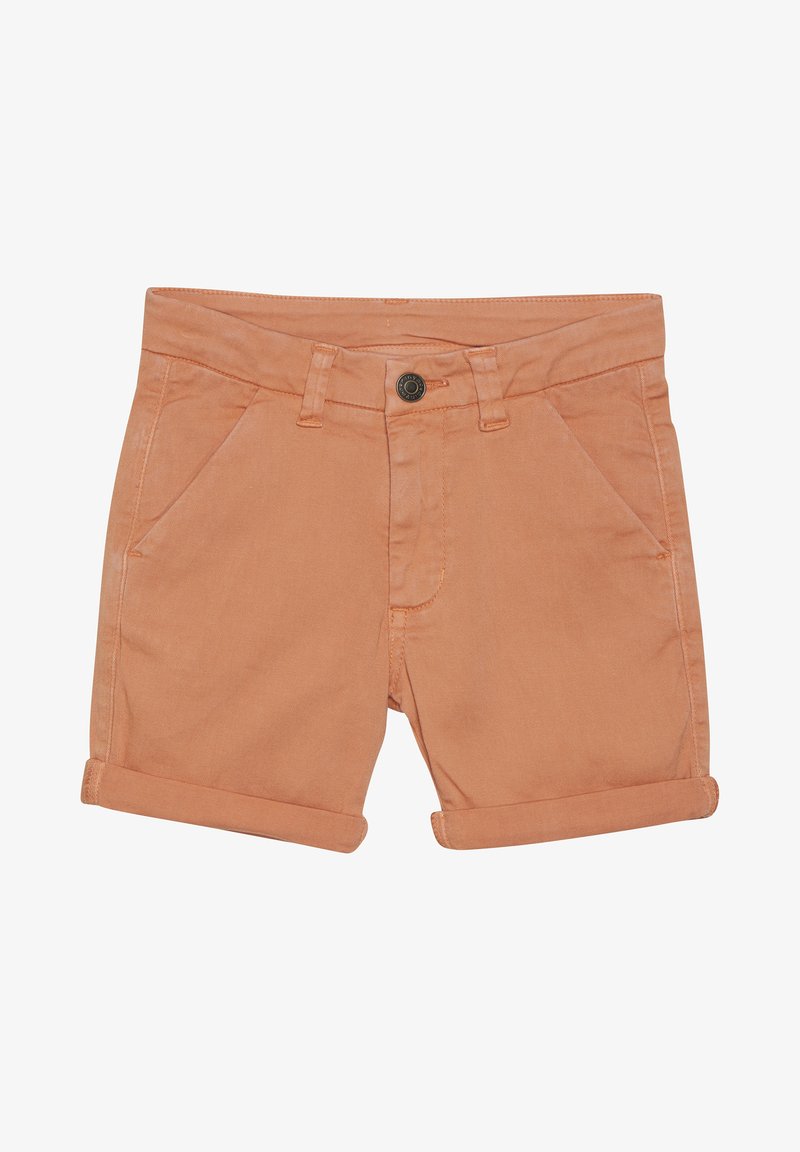 Shorts décontractés orange clair avec ourlets retroussés, fermeture avant à boutons, passants pour ceinture et deux poches inclinées à l'avant.