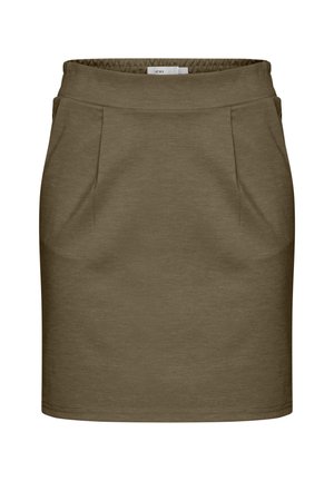 Jupe mi-longue vert olive avec une taille élastique et des détails de coutures à l'avant, confectionnée dans un tissu lisse.