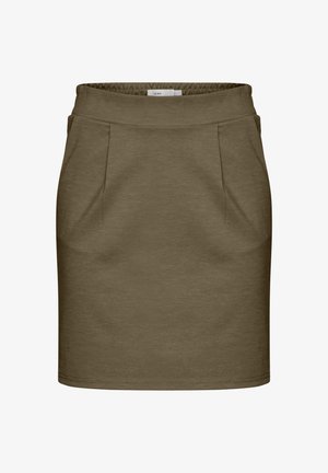 Olivengrøn nederdel til knæet med elastik i taljen og detaljer med søm foran, lavet af glat stof.