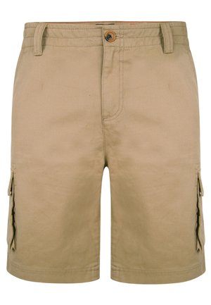 Pantaloni cargo beige in cotone con una texture liscia, caratterizzati da tasche laterali e chiusura con bottone. Design pulito, taglio sopra il ginocchio.