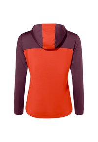 Kapuzenshirt mit einer Farbblockdesign in Orange und Dunkellila. Hergestellt aus einem glatten, leichten Stoff.