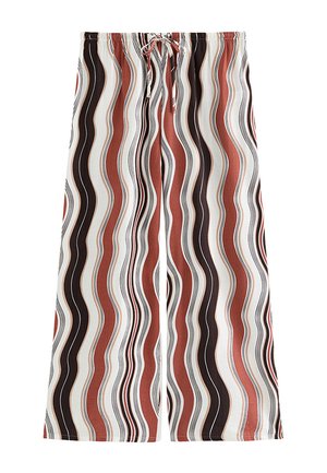 Wijde broek met verticale golvende strepen in roestkleur, zwart, wit en beige, voorzien van een elastische tailleband en een trekkoord.