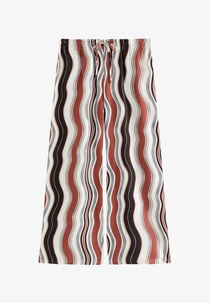 Wijde broek met verticale golvende strepen in roestkleur, zwart, wit en beige, voorzien van een elastische tailleband en een trekkoord.