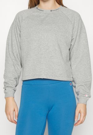 Felpa grigia a maniche lunghe con maniche raglan, lunghezza cropped e logo ricamato sul collo. Abbinata a leggings blu.