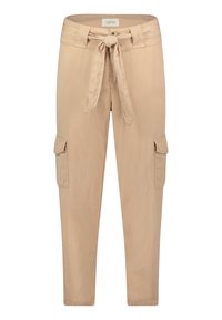 Beige Cargo-Hosen mit Bindegürtel, zwei Seitentaschen und zwei Cargotaschen. Aus weichem, leichtem Stoff mit lässiger Passform.