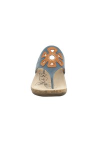 Blue thong sandal with decorative brown flower cutout, textured upper, and cork-like sole. Includes leaf design printed on insole.