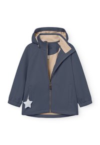 Marineblauer wasserdichter Mantel mit beiger Fütterung, Reißverschluss, Kapuze, elastischen Bündchen und einem sternförmigen Anhänger an der linken Tasche.