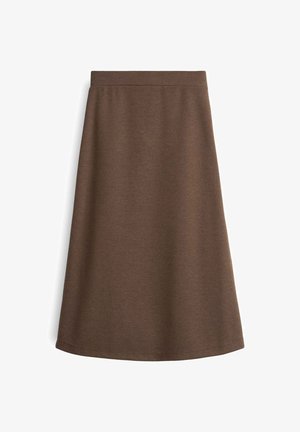 Brauner A-Linien-Rock aus weichem Stoff, mit glatter Textur und elastischem Bund. Das Design ist knielang mit einer einfachen, klassischen Form.