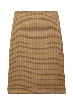 Jupe crayon en tartan khaki avec une silhouette ajustée, dotée d'une texture lisse et d'un ourlet qui tombe juste au-dessus du genou.