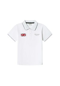 Biela polo košeľa z bavlny s námorníckym lemovaním, s potlačenou britskou vlajkou a logom značky na ľavej hrudi.