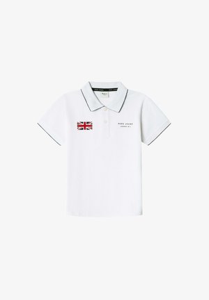 Hvid polo t-shirt lavet af bomuld med marineblå detaljer, der har et trykt britisk flag og mærkelogo på venstre brystområde.