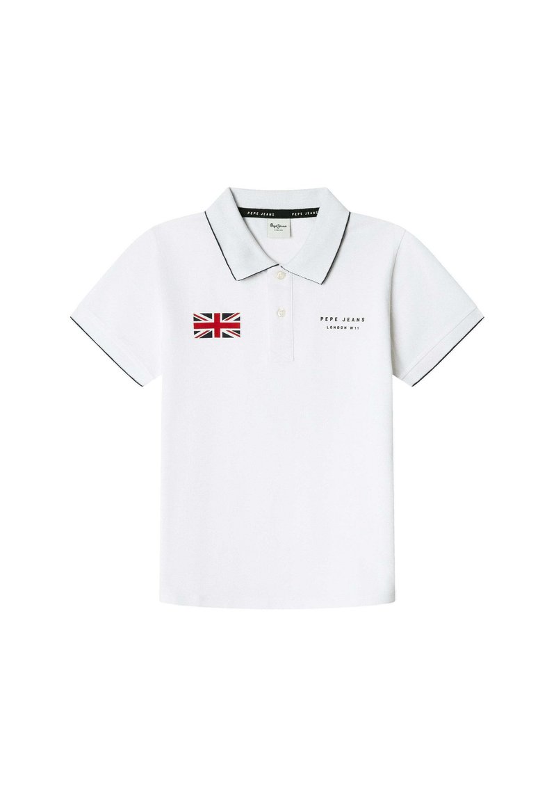 Biela polo košeľa z bavlny s námorníckym lemovaním, s potlačenou britskou vlajkou a logom značky na ľavej hrudi.