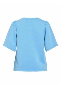 T-shirt bleu clair à manches courtes avec un col rond et un détail de manche bouffante. Fabriqué en tissu doux et lisse avec une texture uniforme.