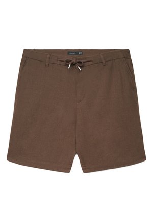 Shorts casual marroni con tasche laterali e vita con coulisse, dotati di passanti per cintura e orlo dritto.