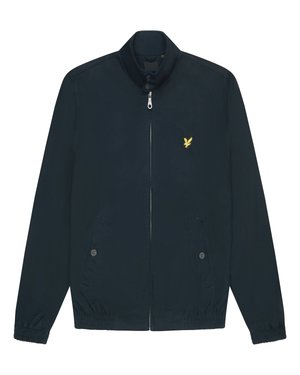 Veste bleu marine en tissu léger, dotée d'un col haut, d'une fermeture éclair à l'avant, de deux poches latérales avec boutons et d'un logo brodé jaune.