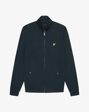 Veste bleu marine en tissu léger, dotée d'un col haut, d'une fermeture éclair à l'avant, de deux poches latérales avec boutons et d'un logo brodé jaune.
