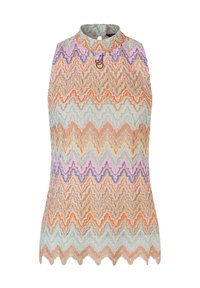 Buntes ärmelloses Top mit einem Zickzackmuster in Orange, Lila, Mint und Creme. Hoher Kragen mit einem dekorativen Ring am Ausschnitt. Wellenförmiger Saum.