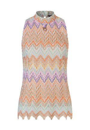 Buntes ärmelloses Top mit einem Zickzackmuster in Orange, Lila, Mint und Creme. Hoher Kragen mit einem dekorativen Ring am Ausschnitt. Wellenförmiger Saum.