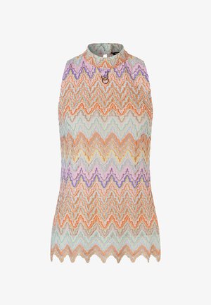 Kleurvolle mouwloze top met een zigzagpatroon in oranje, paars, muntgroen en crème. Hoge nek met een decoratieve ring bij de kraag. Golvende zoom.