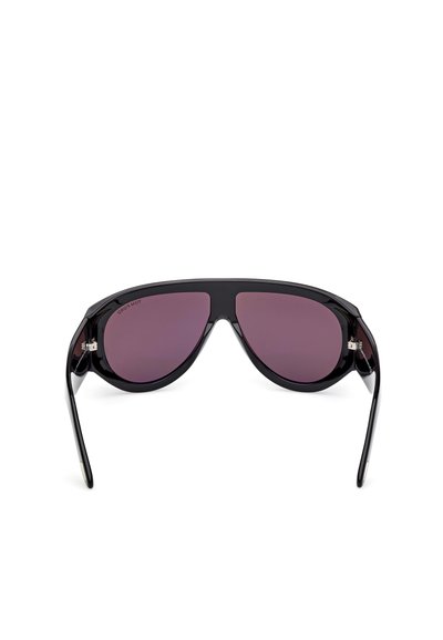 Black sunglasses with dark purple lenses, oval shape, sleek plastic frame, and metal accents at the hinges.