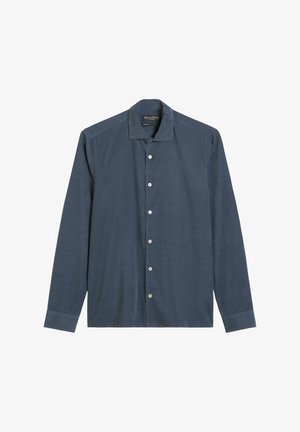 Marineblauw overhemd met lange mouwen in lichte stof, met een klassieke kraag en knoopsluiting aan de voorkant met witte knopen.