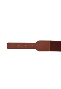 Brauner Lederarmband mit glatter Textur, mehreren Verstellmöglichkeiten und einem kontrastierenden gewebten Abschnitt an einem Ende.