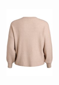 Béžový rebrovaný sveter s okrúhlym výstrihom a spustenými ramenami. Jemná textúra a voľný strih, s širokými rukávmi a jednoduchým dizajnom.