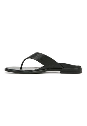 Schwarze Lederflip-Flops mit strukturierter Riemen, minimalistisches Design, flache Sohle und offene Zehen. Keine zusätzlichen Beschläge oder Akzente.