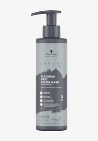 Graue Plastikflasche mit Pumpenspender und matter Oberfläche. Das Etikett zeigt den Produktnamen "Platinum Grey Color Mask" und Anwendungshinweise.