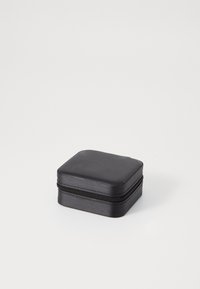 Black square storage case with a smooth surface, zip closure, and rounded corners. Compact design suitable for various small items.