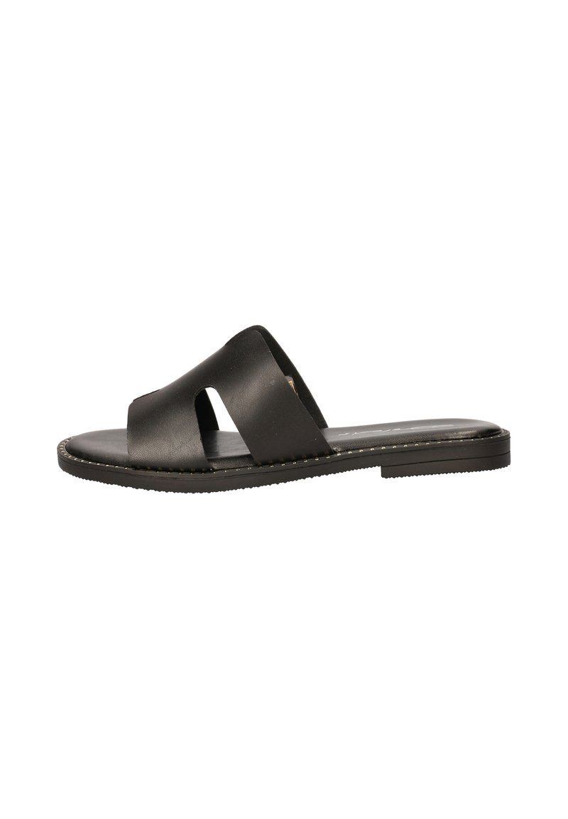Black leather slide sandals with an open-toe design, featuring two wide straps and a flat sole with subtle stitching detail.